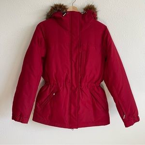 LAUREN RALPH LAUREN Red Down Fill Faux Fur Hood Cinch Waist Puffer Winter Jacket